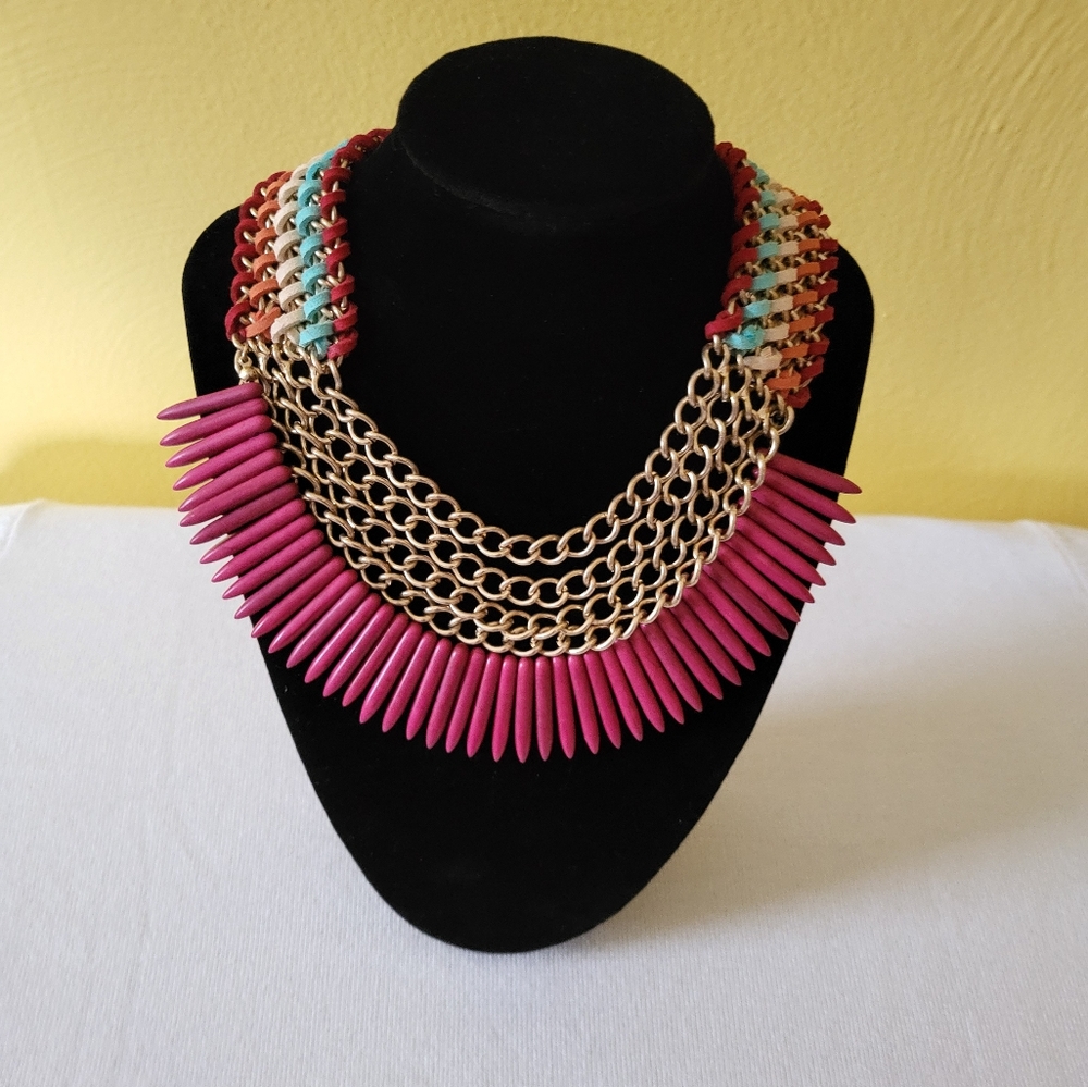 Suede Thong Gold Tone Bib Necklace